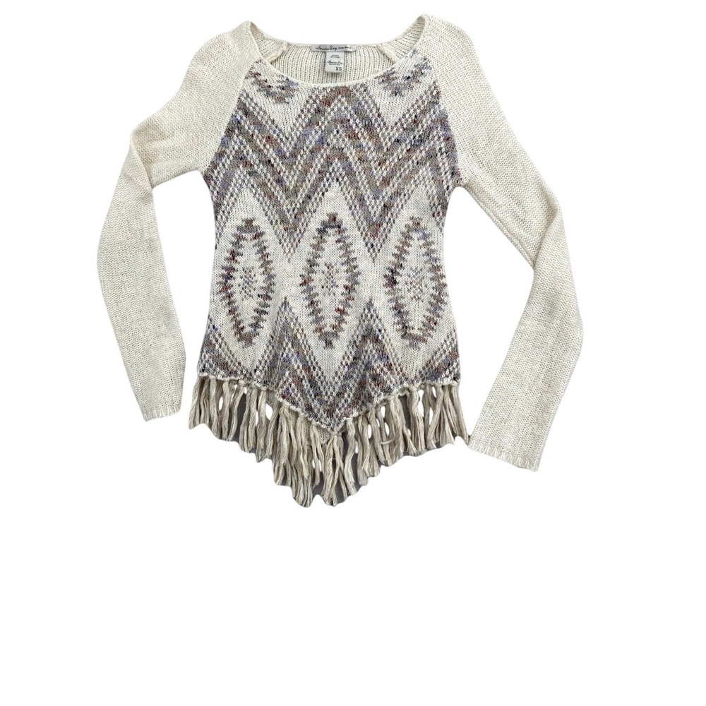 American Rag Pullover Women's Raglan Fringe Tunic Sweater Chevron Knit XS Creme